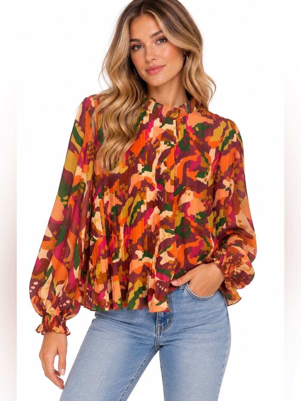 Flying Tomato Pleated Long-Sleeve Multicolor Blouse Size Small Floral